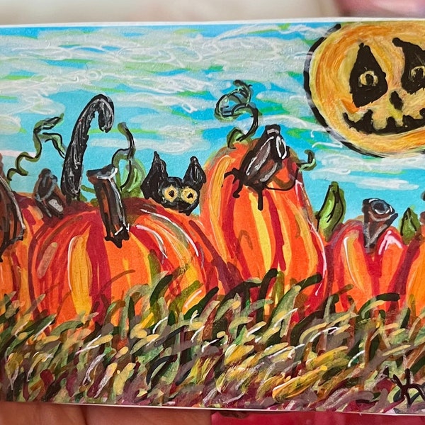 Original Halloween painting, 2.5x3.5 Aceo miniature gouache and artist pens