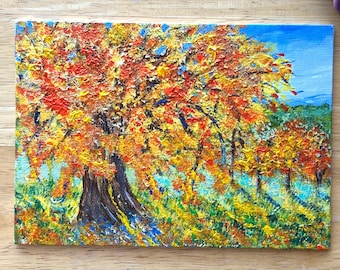 Tree painting fall colors, Small colorful wall art, 5x7 acrylics on canvas board