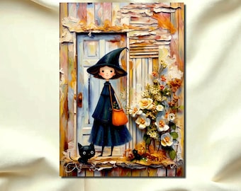 May include: A digital illustration of a character wearing a dark blue dress and a pointed hat, standing before a weathered wooden door. An orange bag hangs from the shoulder, a black cat sits nearby, and white flowers bloom on the right side.