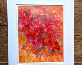 Painting original abstract, Red orange colorful wall art, 8x10 matted to 11x14