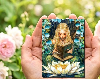 May include: A rectangular art print featuring a blonde figure reading a book while seated behind a large white water lily. The scene is framed by dark tree trunks and blue-green leaves. The text Kathy Symonds Fine Art appears at the top.