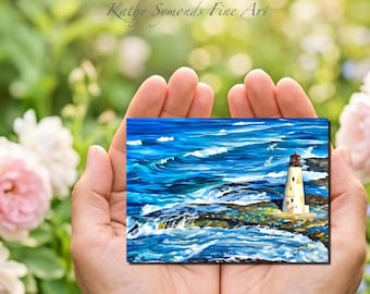 Lighthouse Painting Miniature PRINT of Ocean Waves Seascape, dollhouse artwork