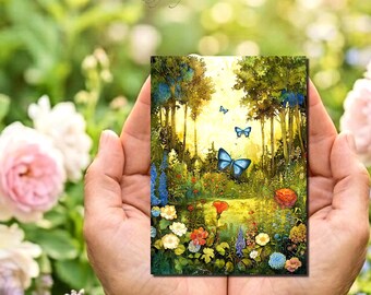 May include: A rectangular art print featuring a vibrant garden scene with tall trees, lush greenery, and colorful flowers in shades of red, yellow, and blue. Three blue butterflies are depicted flying through the center of the forest landscape.
