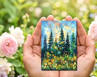 May include: A rectangular art print featuring a vibrant landscape painting of tall evergreen trees against a golden, cloudy sky, with a foreground filled with yellow and orange wildflowers. The text Kathy Symonds Fine Art is visible.