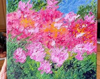 Pink flower painting abstract textured knife painting 12x12 canvas