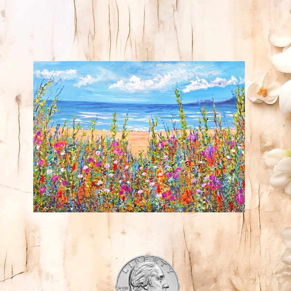 Mini ocean painting print of original 2.5x3.5 aceo flower seascape miniature