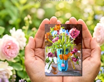 Vase of casacading flowers miniature painting art print card  2.5x3.5
