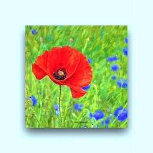 Miniature Art painting print, Single Red Poppy - dollhouse size, 3x3 flower meadow