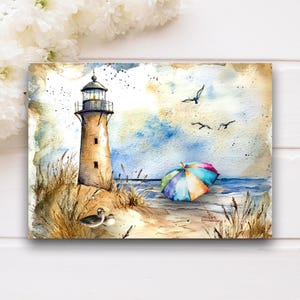 Whimsical Lighthouse miniature art print artist card dollhouse wall decor 2.5x3.5