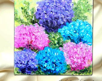 Hydrangea flowers painting, original 8x8 acrylics on canvas