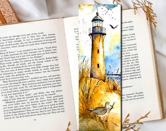 Lighthouse Bookmark 6x2, Ocean Art Seascape, Coastal Reader Gift, Birds