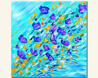 Teal blue abstract flowers art print of painting 3x3, 4x4, 5x5