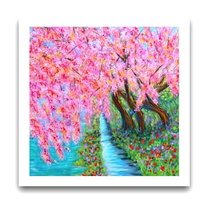 Miniature cherry tree art print 2x2 3x3, 4x4 landscape pink flowers