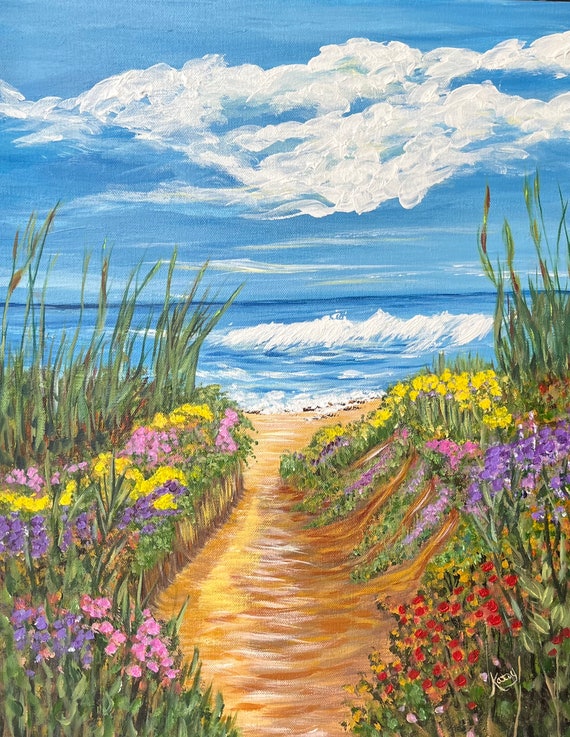 Ocean Painting Beach Flowers Acrylic on Canvas Original -  Israel