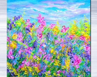 Mini Wildflower field art print 2x2, 3x3, 4x4, landscape pastel meadow