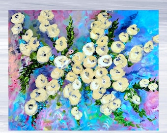 May include: An oil painting on canvas featuring a cluster of cream-colored flowers with thick, textured brushstrokes. The floral arrangement is set against a vibrant, abstract background of blended blue, purple, and pink hues with green foliage.