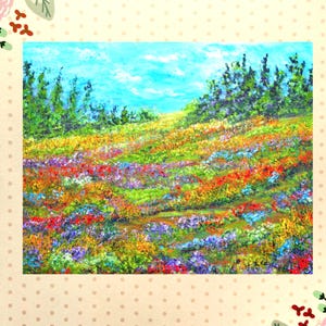 Red flower field painting art PRINT of original 2.5x3.5 miniature