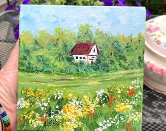 Original landscape painting flower field meadow with cottage 6x6 canvas acrylic artwork