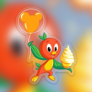 May include: A cartoon sticker featuring a cheerful orange bird character holding a soft-serve ice cream cone and a Mickey Mouse-shaped balloon. The bird has green wings and yellow feet. The background is a colorful blend of orange, blue, and yellow.