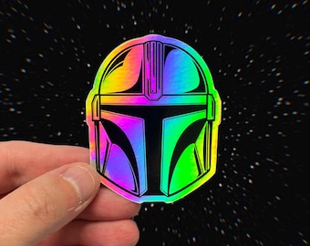 Mandalorian Helmet Sticker: "Pure Beskar" Din Djarin Star Wars Holographic Vinyl Decals | 2.43" x 3"