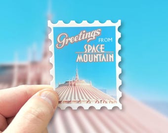 Space Mountain Disney World Sticker: “Greetings From” Postage Stamp Vinyl Decals | 2.4" x 3"