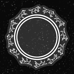 May include: A black and white circular design with a scalloped edge. The design features a white outline of wolves in various poses around a central circle. The background is black with white dots.