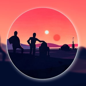 May include: Silhouette of three figures standing on a desert planet with two suns in the sky. The figures are in front of a building with a dome. The scene is framed in a circle.