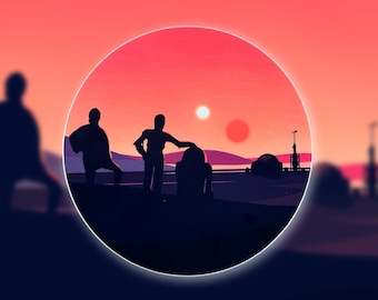 Tatooine Sunset Star Wars Stickers: "Twin Suns" Luke Skywalker C-3PO R2-D2 Vinyl Decals | 3" x 3"