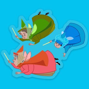 Flora, Fauna, Merriweather Disney Fairies Sticker | Sleeping Beauty Waterproof Vinyl Decal for Car, Laptop, Water Bottle, Yeti | 3" x 2.43"