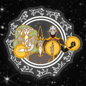 May include: A circular design with three figures in the center. The figures are a woman with a green crown, a man with a black robe and a white beard, and a man with a red and black robe. The figures are surrounded by a circle of white wolves.