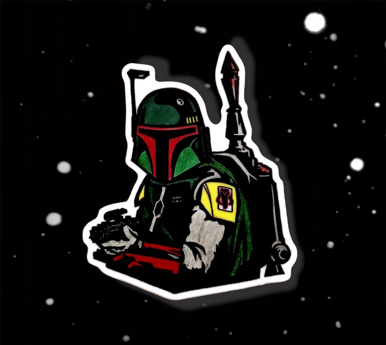 May include: A black and green Star Wars Boba Fett character sticker with a red and yellow design. The sticker is on a black background with white dots.