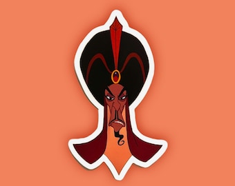 May include: A sticker featuring a cartoon illustration of Jafar from Disney's Aladdin. Jafar is depicted with a dark complexion, a long, pointed nose, and a red turban. He has a stern expression on his face.