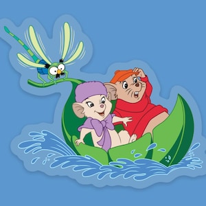 May include: Two cartoon mice in a green leaf boat on blue water. The mouse on the left is wearing a purple hat and a pink bow. The mouse on the right is wearing a red shirt and an orange hat. A green dragonfly with blue wings is flying above the boat.