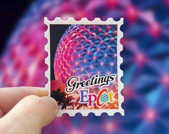 EPCOT Disney World Sticker: “Greetings From” Postage Stamp Vinyl Decals | 2.4" x 3"
