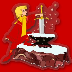Pode incluir: Um menino de desenho animado com uma t&uacute;nica vermelha e uma echarpe amarela puxa uma espada de uma pedra. A espada &eacute; prateada com uma pega dourada. A pedra est&aacute; coberta de neve e rodeada de estrelas brilhantes.