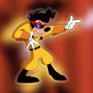 May include: A cartoon dog wearing a yellow jumpsuit, black sunglasses, and black shoes. The dog is pointing with its right hand and has a mischievous expression on its face.