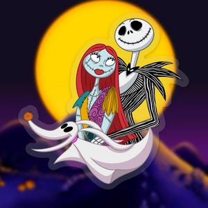 May include: A cartoon image featuring Jack Skellington and Sally from The Nightmare Before Christmas, with Zero the ghost dog in the foreground. Jack is in a black and white pinstripe suit, and Sally has red hair and a patchwork dress. A large yellow moon is in the background.