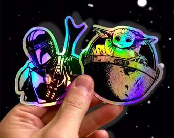 Mandalorian + Baby Yoda/Grogu Holographic Stickers | “Clan of Two" Star Wars Waterproof Vinyl Decals for Car, Laptop, Water Bottle, Journal