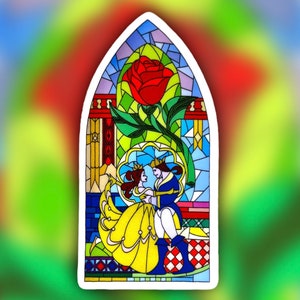 Beauty & the Beast Disney Princess Sticker | "Tale As Old As Time" Stained Glass Vinyl Decal for Car, Laptop, Water Bottle | 1.57" x 3"