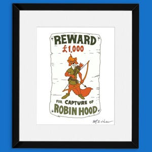 Robin Hood Art Print: “Robin Hood Reward Poster&quot; Hand-Drawn Disney Wall Decor | UNFRAMED 8x10 or 11x14