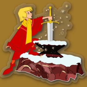 Pode incluir: Um menino jovem com uma t&uacute;nica vermelha e uma echarpe amarela puxa uma espada de uma pedra. A espada &eacute; dourada e prateada, e a pedra est&aacute; coberta de neve. H&aacute; estrelas brilhantes ao redor da espada.