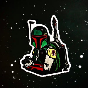 May include: A black and white illustration of a Star Wars character, Boba Fett, wearing a green and red helmet and holding a blaster. The illustration is set against a black background with white stars.