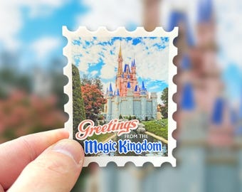 Magic Kingdom Disney World Sticker: “Greetings From” Postage Stamp Vinyl Decals | 2.4" x 3"