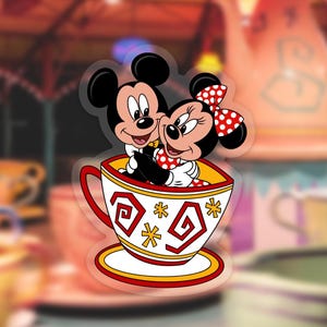 Mickey and Minnie Mouse Sticker: &quot;Tea Cups&quot; Disney Clear Vinyl Decals | 2.19&quot; x 3&quot;