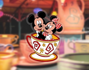 Mickey and Minnie Mouse Sticker: "Tea Cups" Disney Clear Vinyl Decals | 2.19" x 3"