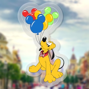 May include: A yellow cartoon dog with a red bow tie holds a bunch of balloons. The balloons are red, blue, yellow, and green. The dog is looking up at the balloons. The background is a blurry image of a theme park.