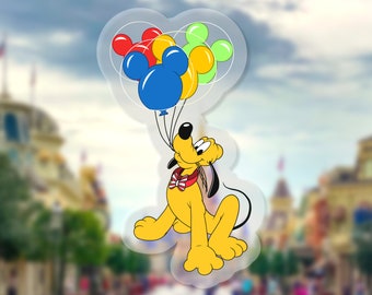 Pluto Mickey Balloons Sticker: “Main Street USA” Disney Clear Vinyl Decals | 1.74" x 3"