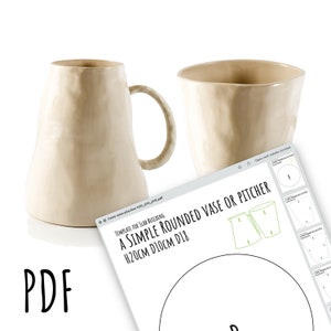 Könnte beinhalten: Eine druckbare PDF-Vorlage für eine einfache, abgerundete Vase oder einen Krug mit einer Höhe von 20 cm, einem Durchmesser von 10 cm und einem Bodendurchmesser von 18 cm. Die Vorlage ist für den Plattenbau konzipiert.