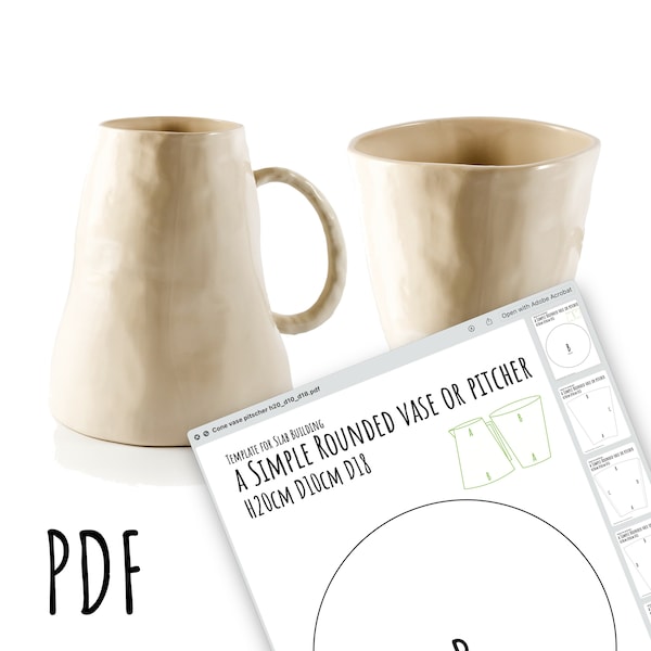 Simple VASE or PITCHER H20cm D10 D18 , pottery template for slab building , pdf / dxf / svg