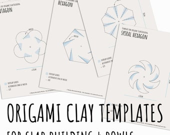 Origami pottery template to create 4 different bowls/plates in multiple sizes simple shapes pentagon, hexagon, hexagon circle, octagon